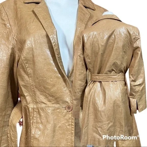 EXPRESS Y2K Vintage Camel Tan Belted Leather Jacket Trench Coat 12